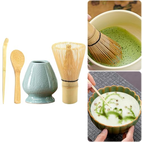 Juego de 4 batidores japoneses de matcha, juego de batidores de bambú hechos a mano con soporte para batidor de cerámica y cuchara de té, para una experiencia tradicional de beber té matcha (E)