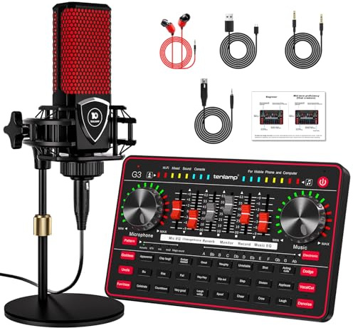 TENLAMP G3 Podcast-Equipment, Audio-Interface mit Soundeffekten, 3,5mm Kondensatormikrofon-Set, Tischstativ, Stimmenverzerrer, Rauschunterdrückung, für PC, Handy, Gaming, Gesang, Live-Streaming
