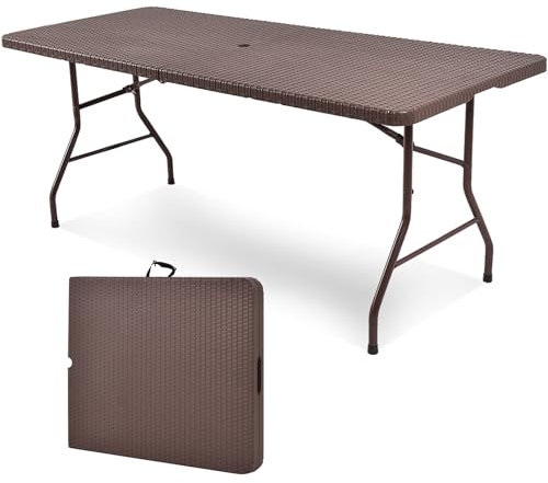 SPOTRAVEL 5FT/6FT Folding Camping Table, Portable Picnic Table with Carrying Handle, Fold-In-Half Outdoor Dining Trestle Garden Desk for Party BBQ (6FT, 150KG Capacity, Brown)