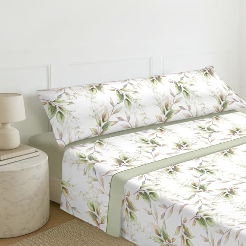 MERCURY TEXTIL – Juego Sábanas de Cama Estampadas 3 Piezas (50% algodón/50% poliéster) Incluye Funda de Almohada + Encimera + Bajera Ajustable. (Hojas Verde, Cama de 150 cm)