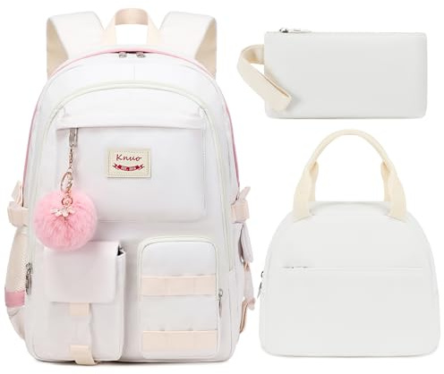 Skolryggsäck för tonårstjejer kvinnor högskola laptop ryggsäckar barn söt bokväska set med lunchlåda pennfodral elementär mellanhög campus väska 3 st studenter bokväskor set, BEIgE, L