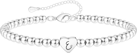 Crownette S925 Silver Bead Bracelet for Women Adjustable Heart Initial Letter Bracelet Birthday Jewellery Gift (E)