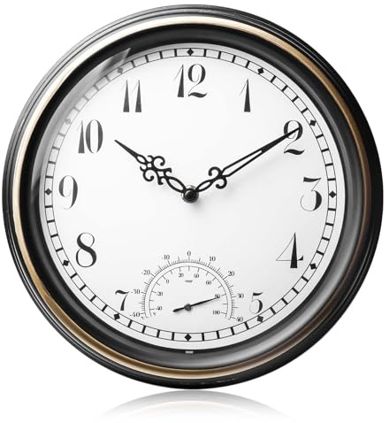 Horloge murale avec affichage de la température - Pour l'intérieur et l'extérieur - Résistante aux intempéries - En plastique vintage - Pour jardin, terrasse, piscine, cuisine, salon - 30,5 cm