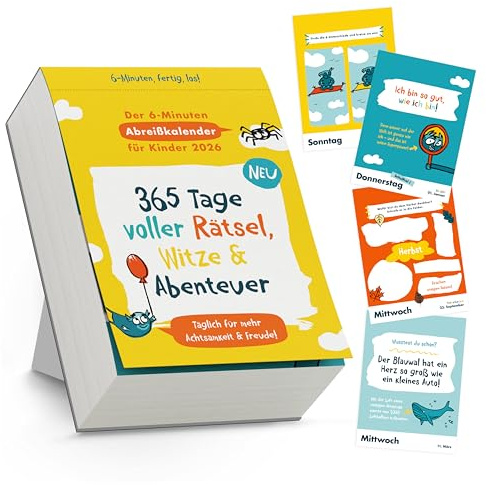 6-Minuten Abreisskalender 2026 Kinder – 365 Tage Spiel, Spaß, Rätsel & Achtsamkeit – pädagogisch wertvoller Kinder Kalender – zum Aufstellen oder Aufhängen