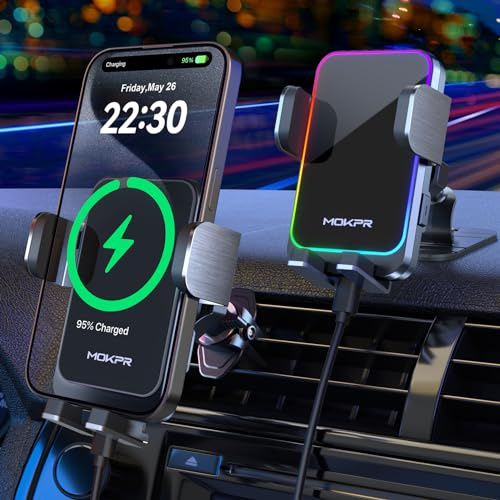 MOKPR 15W Handyhalterung Auto mit Ladefunktion, Handyhalterung Auto Induktives Laden, Induktive Ladestation Auto Wireless Charger für iPhone 16/15/14/13/12 Serie&Samsung S25/24/23, LG mit RGB-Licht