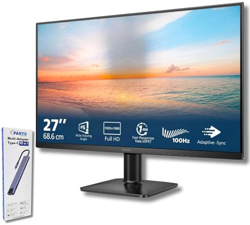 Philips 27-tums bildskärm med full HD 100Hz (27E2N1100L/00, VA, HDMI/VGA, LowBlue, Flicker-Free) 10-i-1 dockningsstation USB-C/HDMI/USB 3.0 - komplett för kontoret