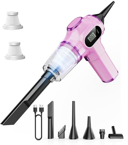 Nikocreos Pink Car Vacuum Cleaner,Portable Mini Cordless Small Handheld Vacuum Cleaner with LCD Display and Multi-Nozzles Powerful Hand Held Vacuums for Car,Pet Hair,Home,Office,Sofa,Keyboard