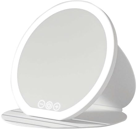 Espejo Maquillaje con Luz Recargable, Profesional Espejo Cosmético de Mesa de PU con Control Táctil, Espejos de Tocador, Espejos de Viaje Plegable Portátil 3 Colores de Luz, Inclinación 180° (Blanco)