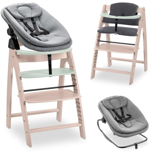 hauck Arketa Hochstuhl Newborn Set mit Highchair Bouncer - Whitewashed Mint | Mitwachsender Holz Kinderhochstuhl ab Geburt bis 130 kg | inkl. Baby Neugeborenenaufsatz & Sitzkissen