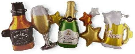 Celebration Foil Balloon Set, Whiskey Bottle and Champagne Design, Gold and Silver Metallic, for Bachelor Party, Wedding and House Party Decoration
