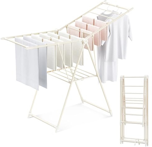 GameGem Clothes Drying Rack, 2 Layer Foldable Clothes Horse with 3 Height Adjustable Clothes Airer, Sturdy Carbon Steel Laundry Drying Rack for Indoor Outdoor, Cream White
