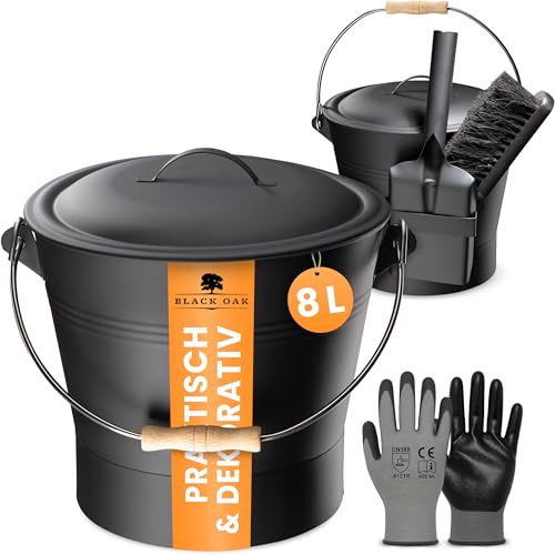 BLACK OAK Secchio per cenere Lanin, 8 l, con coperchio, scopa, paletta e guanti