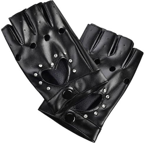 MBSIVSA 1 Pair Half Finger Leather Gloves, Fingerless Hollow Out Punk PU Leather Gloves, Stylish Black Gothic Dazzle Cool Gloves for Halloween Women Cosplay Performance