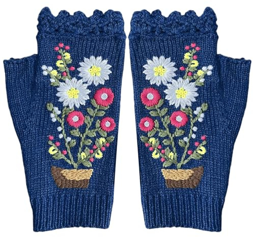 Otbushit Stickade vantar för damer, broderade stickade handskar långa fingerlösa vinterhandskar med blommig design varma akryl stretchvantar ljusblå