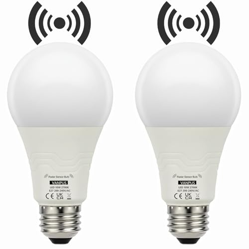 Vanpus 2er Set E27 LED Lampe mit Mikrowellen-Sensor, 10W Warmweiss (2700K), Hochwertige LED-Chips, Radar Bewegungsmelder, Automatisches Ein-/Ausschalten