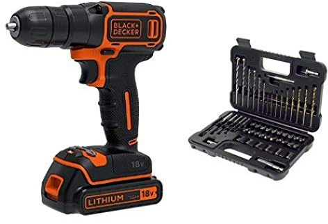 BLACK+DECKER BDCDC18K-QW Trapano Avvitatore, 18 V, al Litio, 1.5 Ah, Valigetta, Arancione + A7188-XJ Set per Forare ed Avvitare, 50 Pezzi