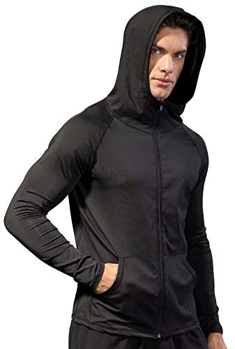 Sillictor Gym Hoodies for Men with Hand Pockets UPF 50+ Zip Up Long Sleeve Running Top Mens Sports Jakcets for Training Workout Cycling Casual Breathable Lightweight Quick Dry 9002 Black M
