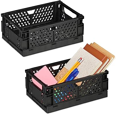 Relaxdays Cajas Plegables Set de 2, Cajones Almacenaje Pequeños, Apilables, 10x25x26,5 cm, Plástico, Color Negro, 10 x 25 x 16.5 cm