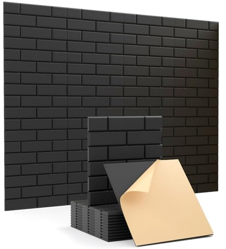 Soundsbay Lot de 12 panneaux acoustiques autocollants pour isolation phonique murale haute densité type brique pour traitement acoustique et décoration murale 30 x 30 x 0,9 cm (noir)