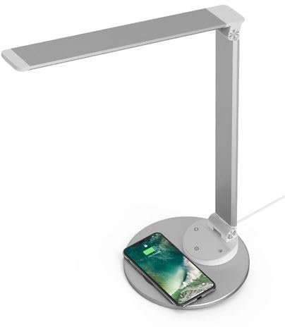 Gigowatt Lampe de bureau LED articulée avec chargeur par induction, luminaire architecte, variateur lumière blanc chaud ou froid, port USB-A - Gris clair