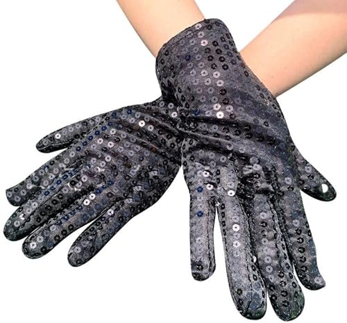Barn glittrande paljetter handskar glitter dans hela fingerhandskar barn fin klänning opera korta handskar bling scenframträdande cosplay fest hand kläder för bröllop dop nattvard halloween, Svart, en