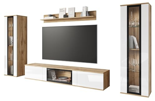 Conjunto de Muebles de salón Caro, Juego de Muebles, Mueble de TV, ilumiación LED Opcional, Muebles Colgantes (Wotan/Blanco Brillo LED)