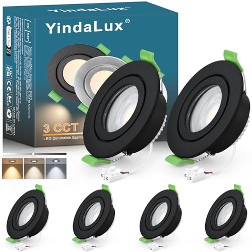 YindaLux 6x Foco empotrable LED 230V IP65 Regulable 5W 550LM Spot de techo 2700K 4000K 6000K Negro Plano Spot LED 230V Taladro 68mm Luz empotrada para baño GU10 Spots empotrable para Baño Salón