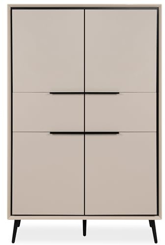 Newroom Highboard Sandgrau Schwarz Kommode mit Türen für Wohnzimmer Flur | 2 Schubladen 4 Einlegeböden konische Holzbeine, Sideboard Anrichte Flurschrank Aufbewahrung, Schlafzimmer Büro