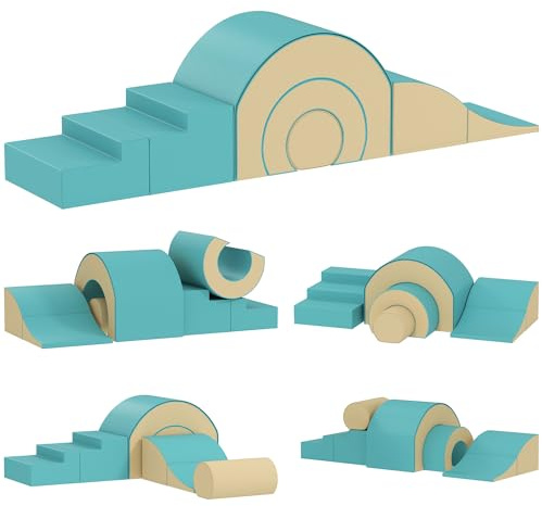 AIYAPLAY Mattoncini in Schiuma per Bambini 5 Pz. Mattoncini Morbidi per Arrampicata Giganti Set di Costruzione in Similpelle Colore Sabbia+Verde