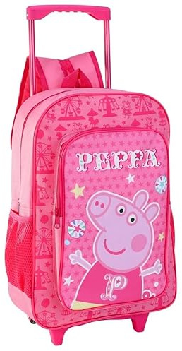 Peppa Deluxe Trolley Backpack Childrens Travel Bag - Kids Girls Character Luggage Carrier Suitcase Cabin Bag with Side Mesh Pockets - Pig Character