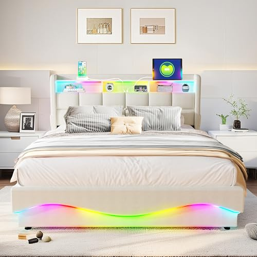XMETPR All-in-One Förvaringssäng 140x200 cm med Stort Förvaringsutrymme under Sängen, USB/Type-C-laddstation, Hylla i Gavel & LED-belysning, Läder, Vit