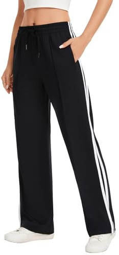 Sythyee Womens Track Pants with Zipper Pockets – Loose Straight Leg Sweatpants, Athletic Joggers for Running, Workout Casual & Lounge,Black/White XL,28 Inseam