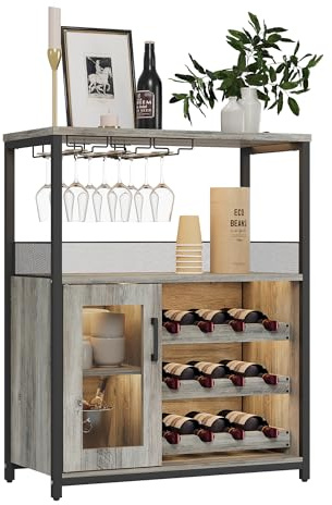 Aptliton Industrial Wine Rack Cabinet with Glass Holder, Rustic Bar Cabinet with Storage Door, Adjustable Shelves & Feet, Metal Frame Wine Storage Sideboard for Living Room Kitchen