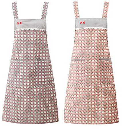 Futuhada 2 Piezas Delantales de Cocina Mujer, Delantal Chef Suave con Bolsillos y Correa en H, Mandil Ajustable con Lazo y Encaje, para Cocinar, Hornear, Cafetería, Restaurante (Rosa y Gris)