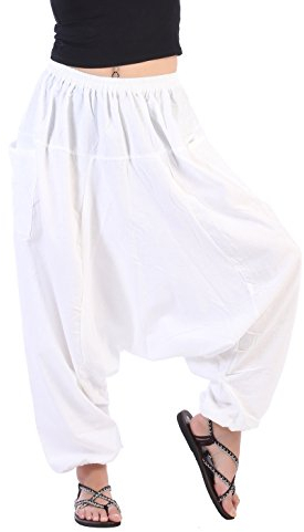 CandyHusky's Men Women 100% Cotton Baggy Boho Yoga Harem Pants (White) one size fits most