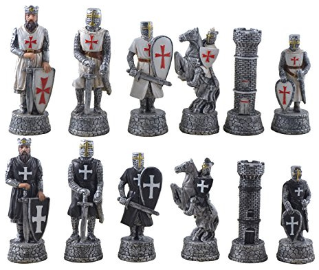 Vogler Hochwertiges Schachfiguren Set Kreuzritter - Handbemalte Kunststein Figuren Weiß Schwarz - Mittelalter Schach Spiel - Historische Sammler Edition - 70mm Königshöhe