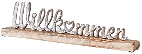levandeo Schriftzug Willkommen 45cm Metall Silber Mango Holz Deko Aufsteller Tischdeko Wohndekoration Geschenk