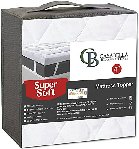 Casabella Small Double Mattress Topper 4 Inch(10 cm) thick Super Soft Hypoallergenic Breathable Mattress Topper is Box Stitched with Elasticized Corner Strap 122x190+10cm