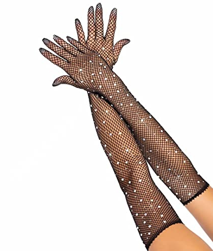 JKJF 1 Paar Strass Lange Fischnetz Handschuhe 80er Opera Fest Party Glänzend Netz Mesh für Hochzeit Halloween Maskerade Kostüm Motto - Schwarze, eRoot-JKJF-693, Einheitsgröße