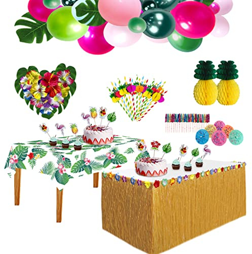 HBell 129 Piece Hawaiian Tropical Party Decoration Set with Luau Table Skirt, Hawaiian Flowers Decorate Balloons, 3D Paper Straws, Beach, Summer Party