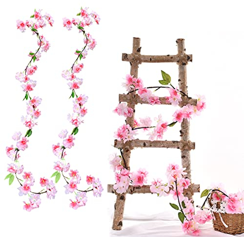 duoyif Blumengirlande Künstliche Kirschblüten Girlande Blumenrebe Blumengirlande hängen Seide Blume Aesthetic Girlande Seidenblumen Hängend Vines Für Hochzeit Party Garten Zimmer Deko 1,8M 2Stk (rosa)
