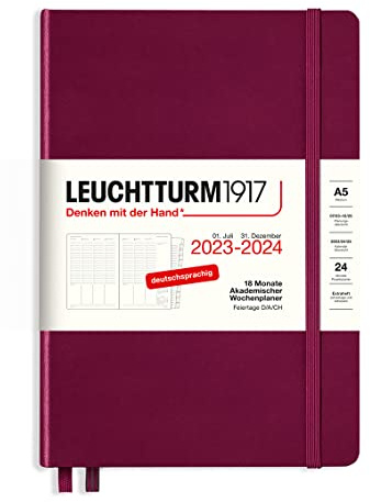 LEUCHTTURM1917 367552 akademisk veckoplanerare medium (A5) 2024, 18 månader, portröd, tysk