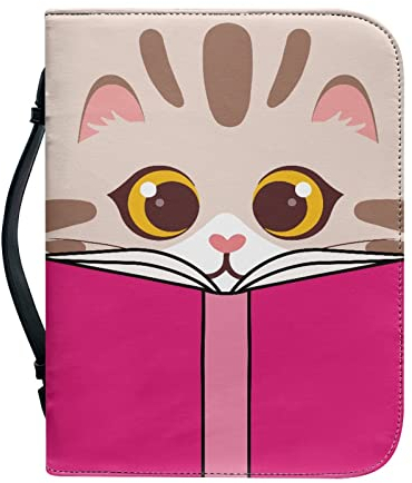 Kuiaobaty Cute Cat Kitty PU Leder Buchhülle Tasche mit Taschen, rosa Buchhülle Reißverschluss für Studium Bibel 4 Größe L 2XL