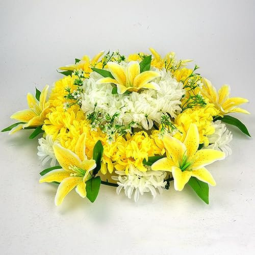 Artificial Silk Funeral Flower Arrangements hrysanthemum Hydrangea Wreath Heart Shaped Tribute Memorial Wreath for Grave Sacrificial(Yellow)