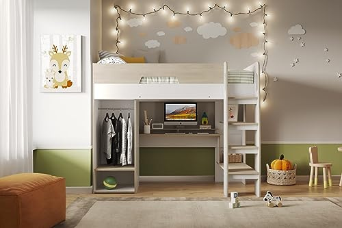 Flair Coco High Sleeper Workstation with Wardrobe - Oak & White