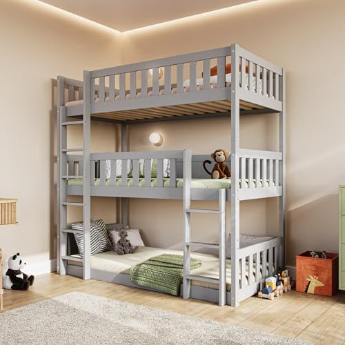 Flair Furnishings - Triple Bunk Beds for Kids, High Bunk Bed, Heavy Duty and Sturdy, Cosy, Stylish, Space Saving Design (Grey)