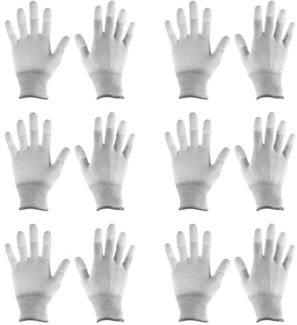 HARFINGTON 6 Pairs ESD Anti Static Gloves 21cm Overlock Edge High Resistance Carbon Fiber Computer Gloves for PC Computer Electronics Installation and Repair(Large), Grey