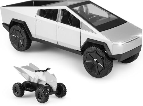 TOPRON Tesla Cybertruck-Modellauto: 1:24 Spielzeug-Trucks aus Druckgussmetall mit Licht und Ton, Mini-Fahrzeugspielzeug für Jungen ab 3 Jahren(Silber, Ausgestattet mit Strandmotorrad)