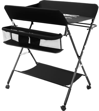 Skötbord mobil, skötkombination hopfällbar höjd justerbar, baby skötbord med skötdyna, säkerhetsbälte och förvaringsfack, högkvalitativt Oxford-tyg, lastkapacitet 25 kg (80 x 63 x 96, svart)