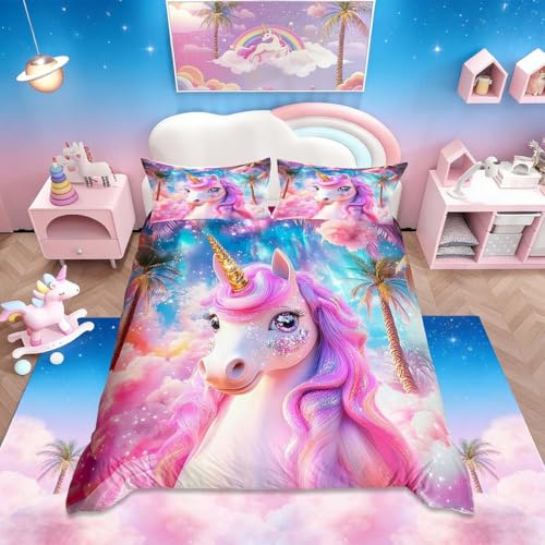 Homemissing Dreamy Unicorn Bedding Set Cute Girl Horse Bedding Children'S Cartoon Animal Duvet Cover Monochrome Rainbow Cloud Printed Bedding Magic Unicorn，Soft